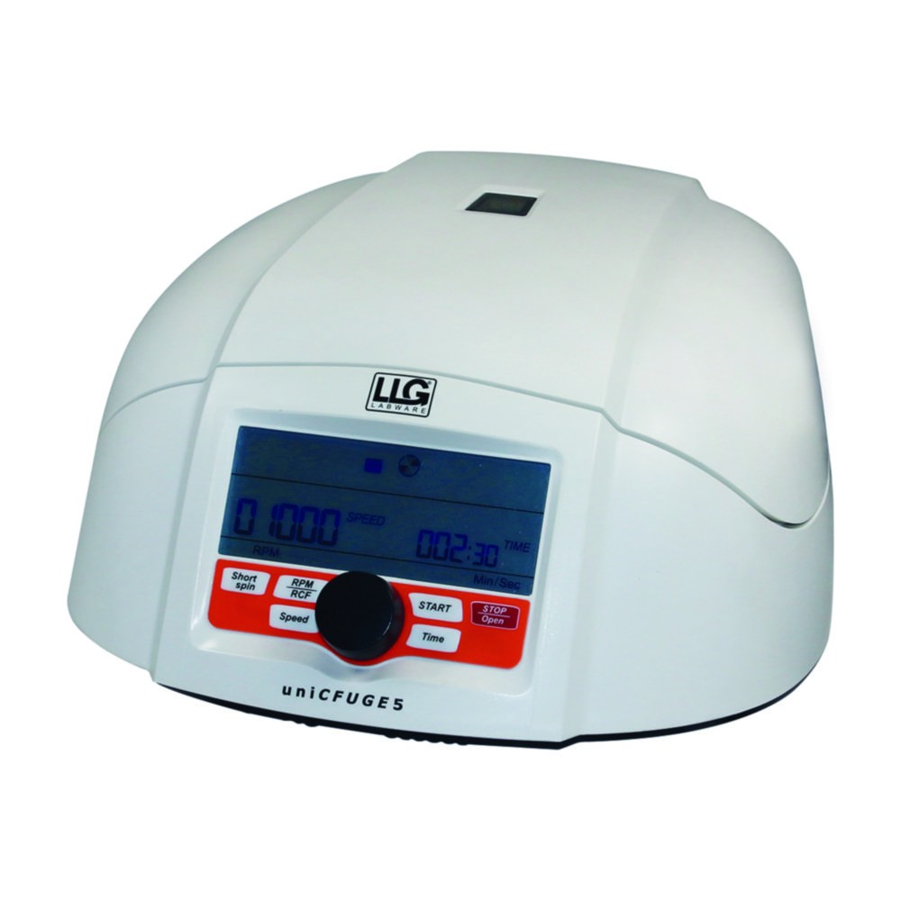 Mini centrifuga LLG-uniCFUGE 5 da laboratorio con display LCD digitale, timer e velocità regolabile fino a 15.000 rpm.
